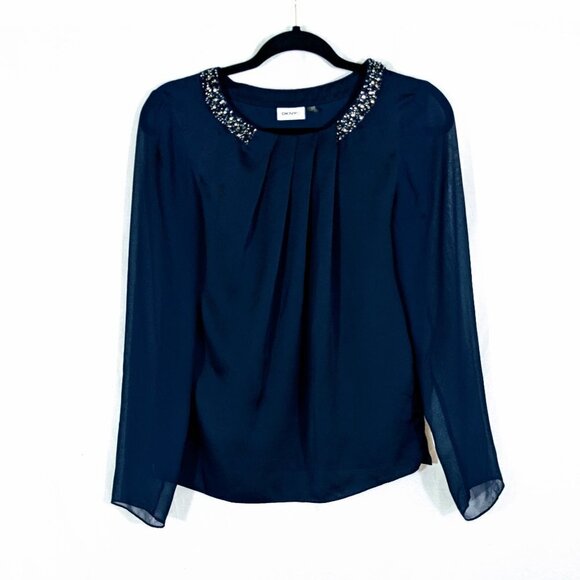 DKNYC Navy Blue Top With Beaded Neckline Size XS - Picture 1 of 5